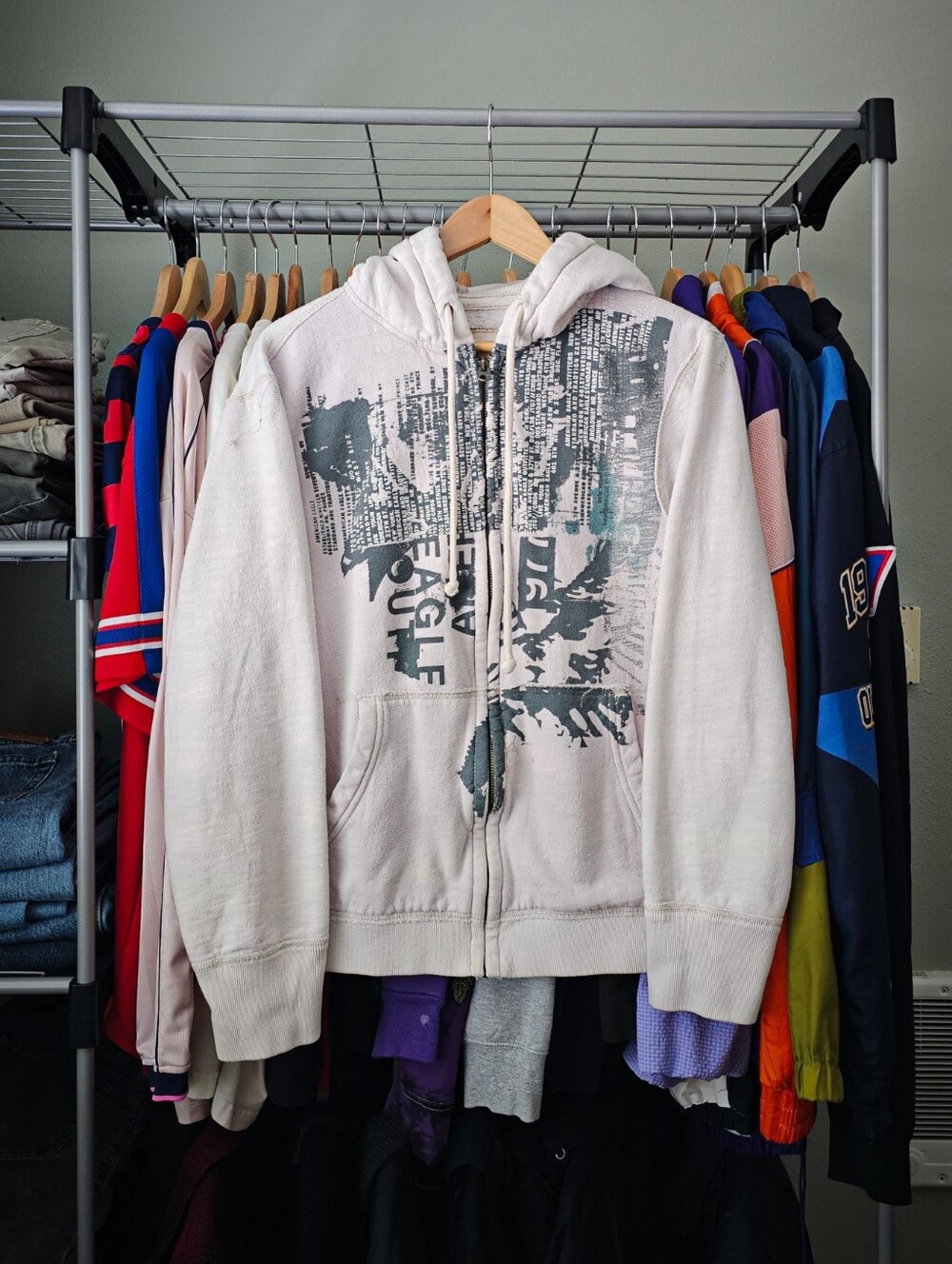 American Eagle Outfitters Y2K Men's White Distress Full Zip Sweatshirt Size Larg